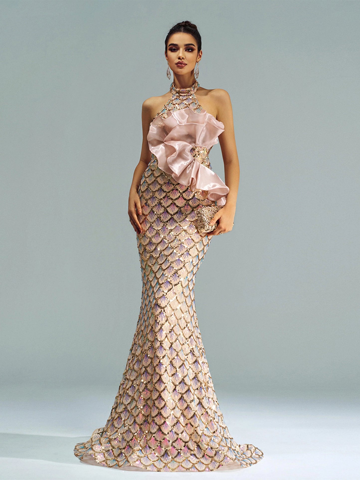 Halter Floral Mermaid Sequin Evening Dress