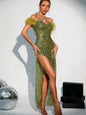 Off-Shoulder Feather Green Sequin Maxi Dress
