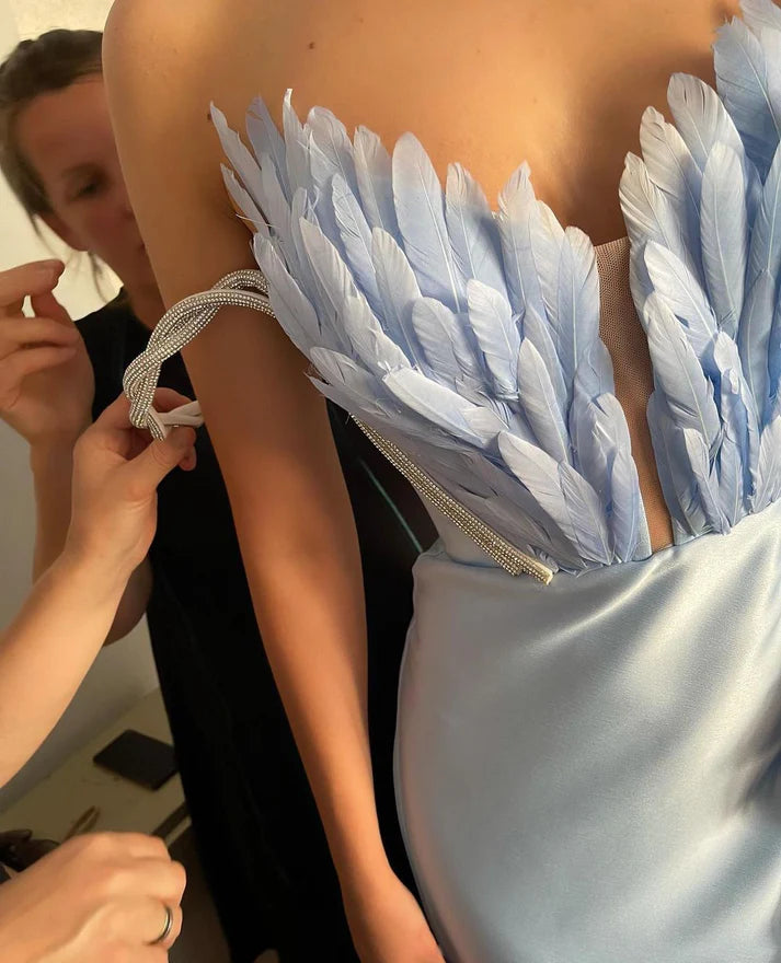Elegant Feather Maxi Dress with Train