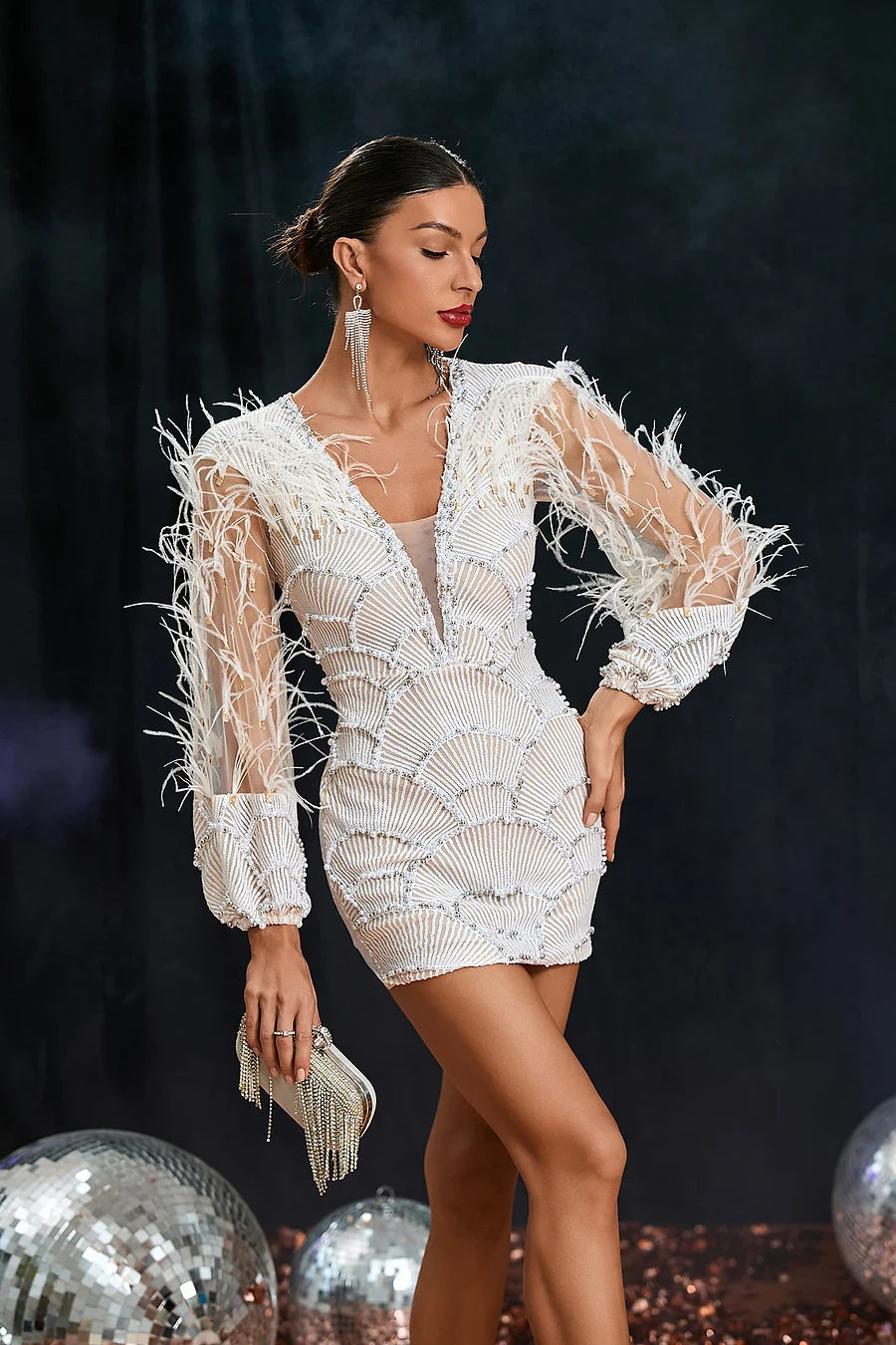 Luxury Beaded Embroidered Feather Sleeve Mini Dress