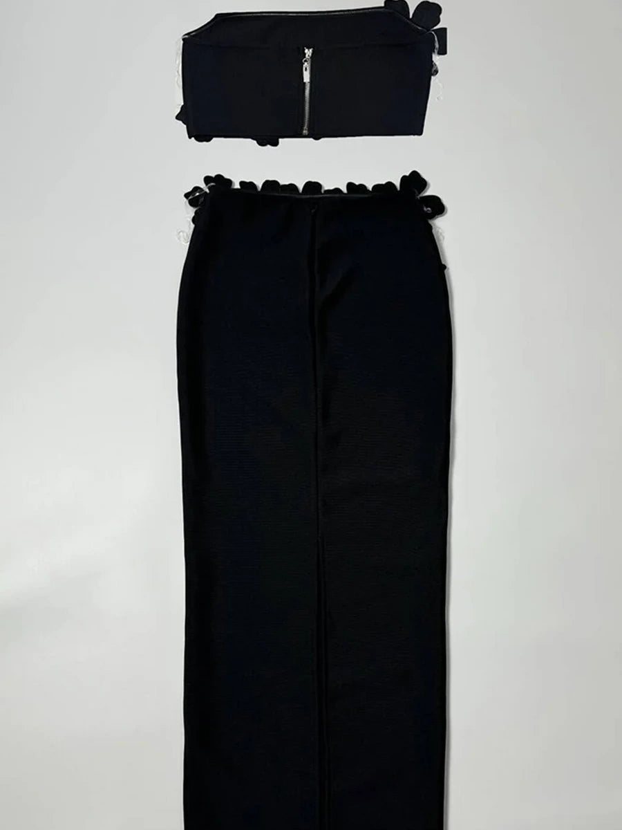 Heavy Diamond Tube Top High Waist Skirt Bandage Two Piece Set