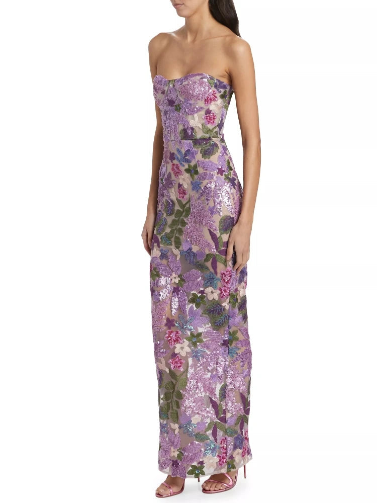 Sequin Embroidered Strapless Evening Gown Dress