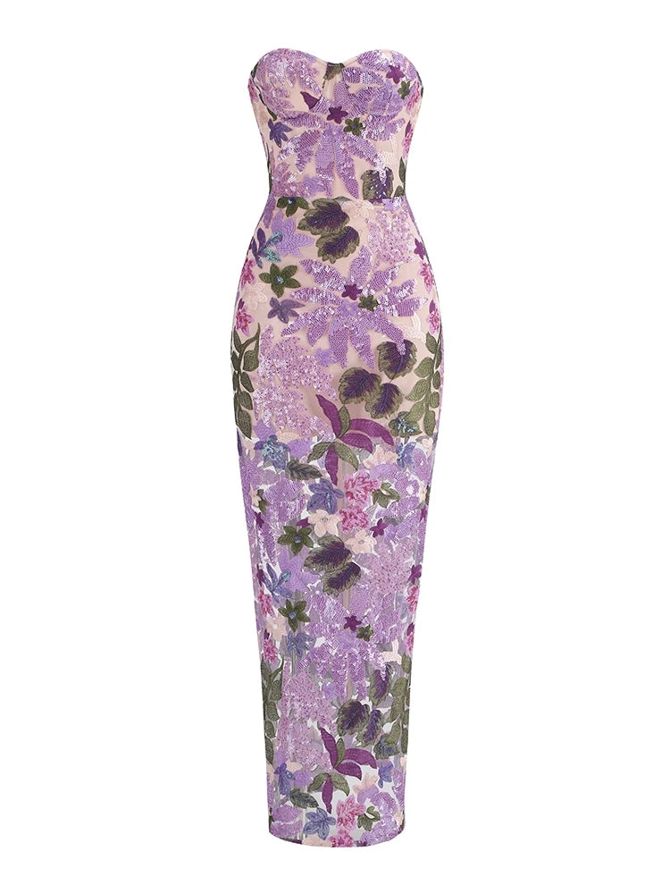 Sequin Embroidered Strapless Evening Gown Dress