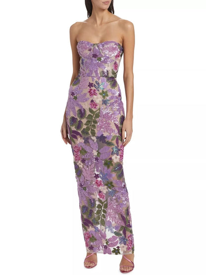 Sequin Embroidered Strapless Evening Gown Dress