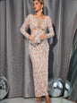 Sequin Beaded Sheer V-Neck Hollow Out Maxi Dress