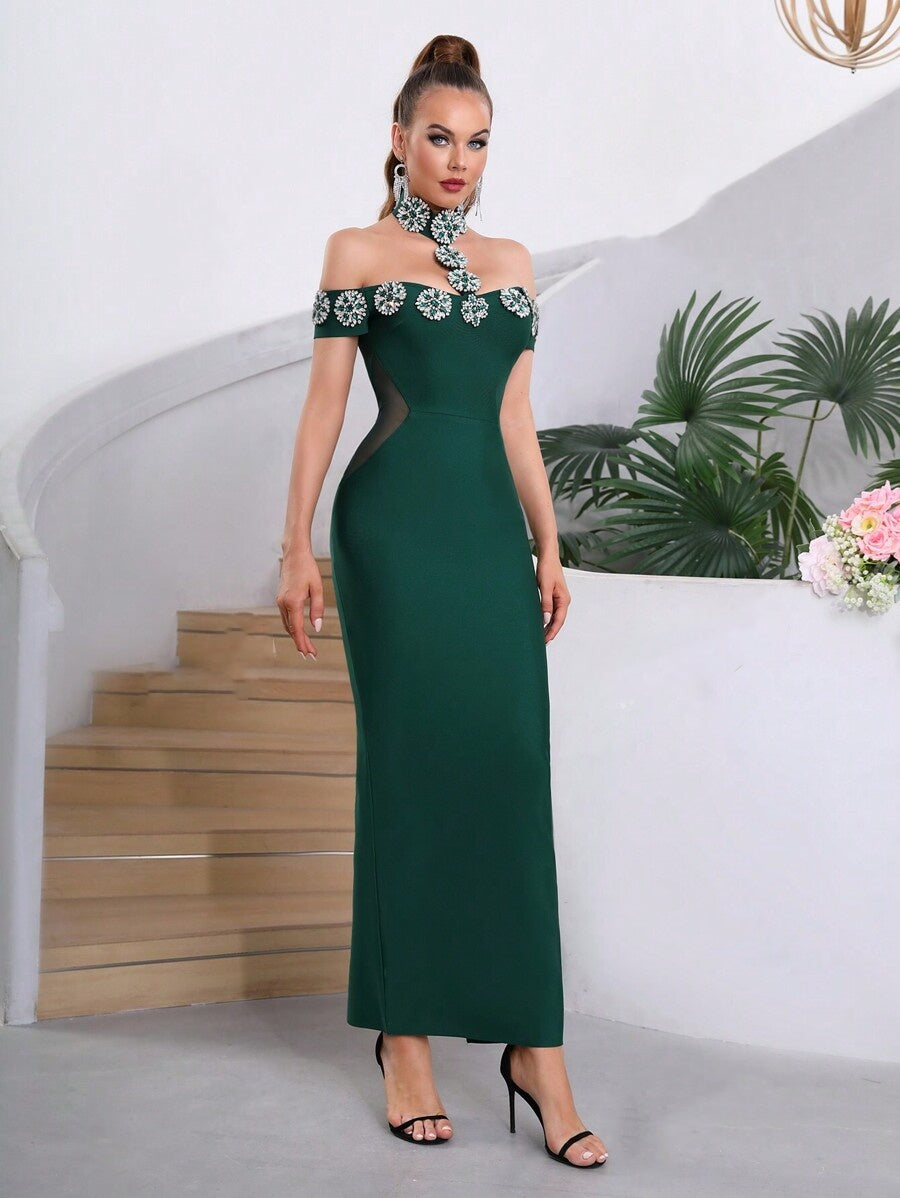 Diamond Off Shoulder Sexy Heavily Embellished One Shoulder Maxi Dress