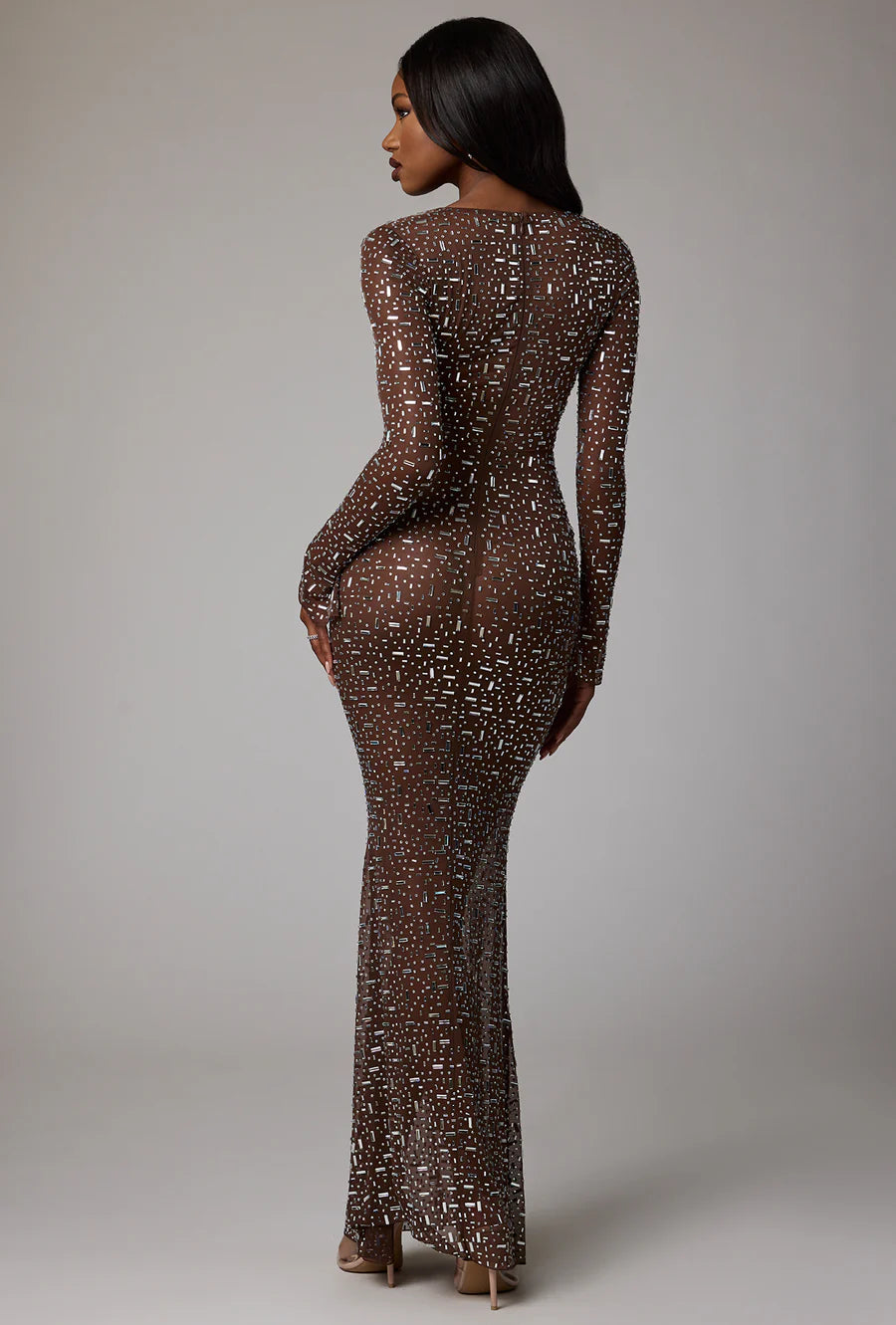 Sheer Embellished Long Sleeve Evening Gown