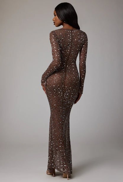 Sheer Embellished Long Sleeve Evening Gown
