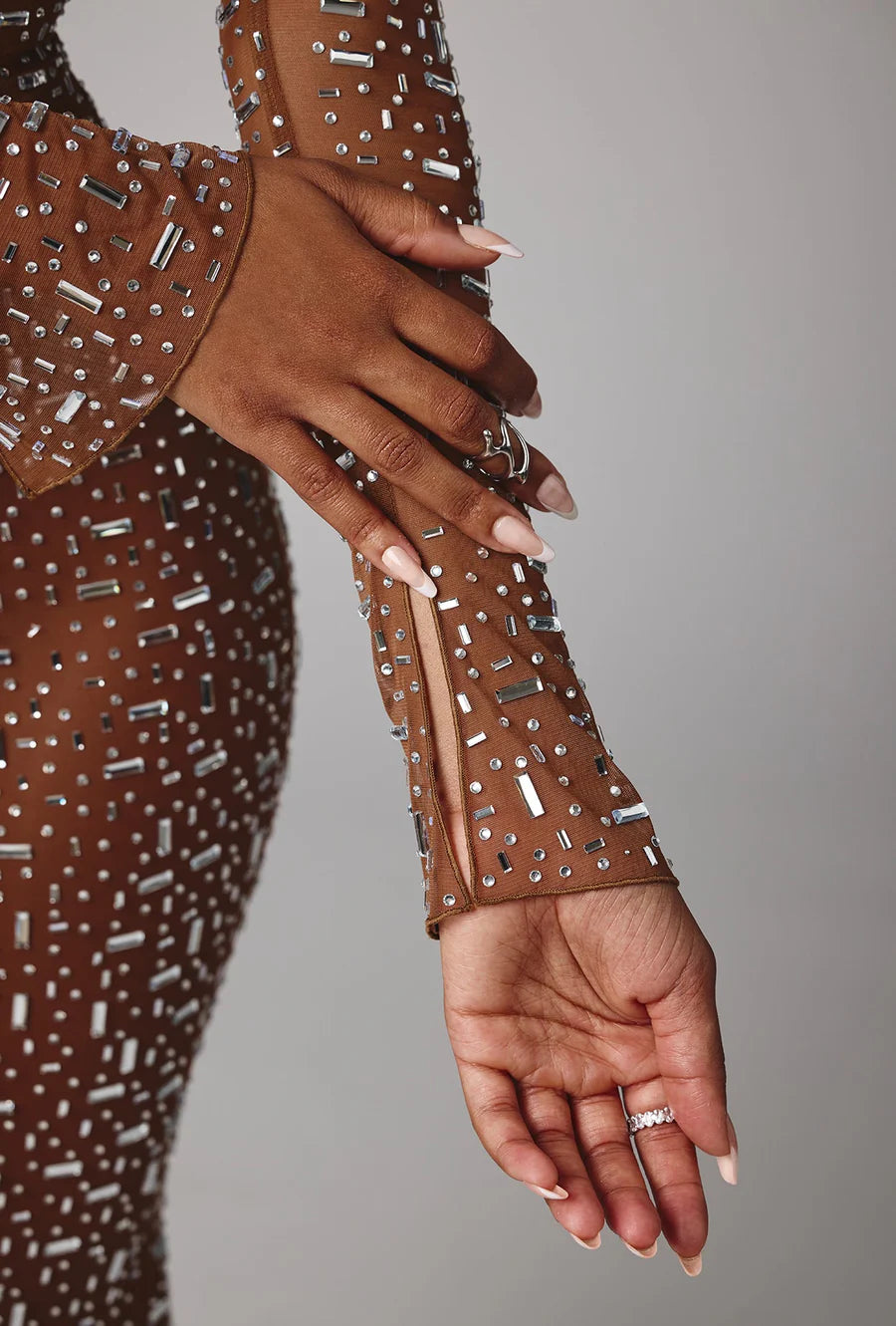 Sheer Embellished Long Sleeve Evening Gown