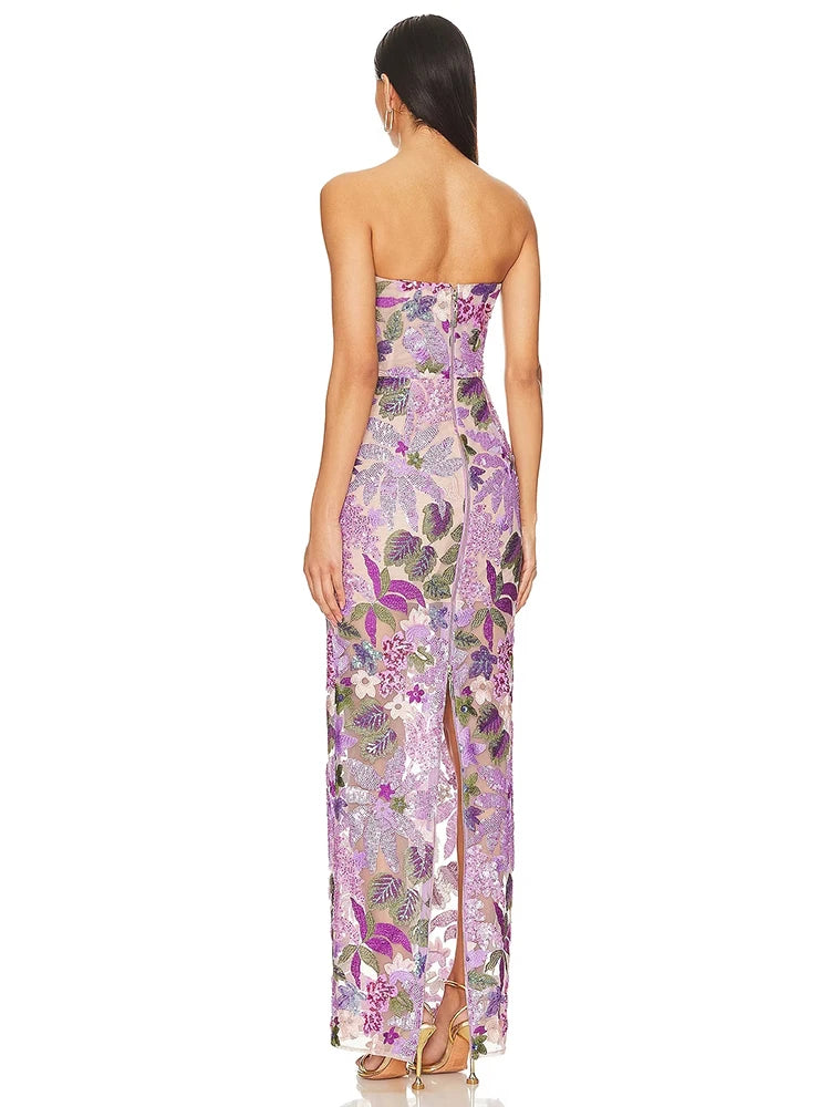 Sequin Embroidered Strapless Evening Gown Dress