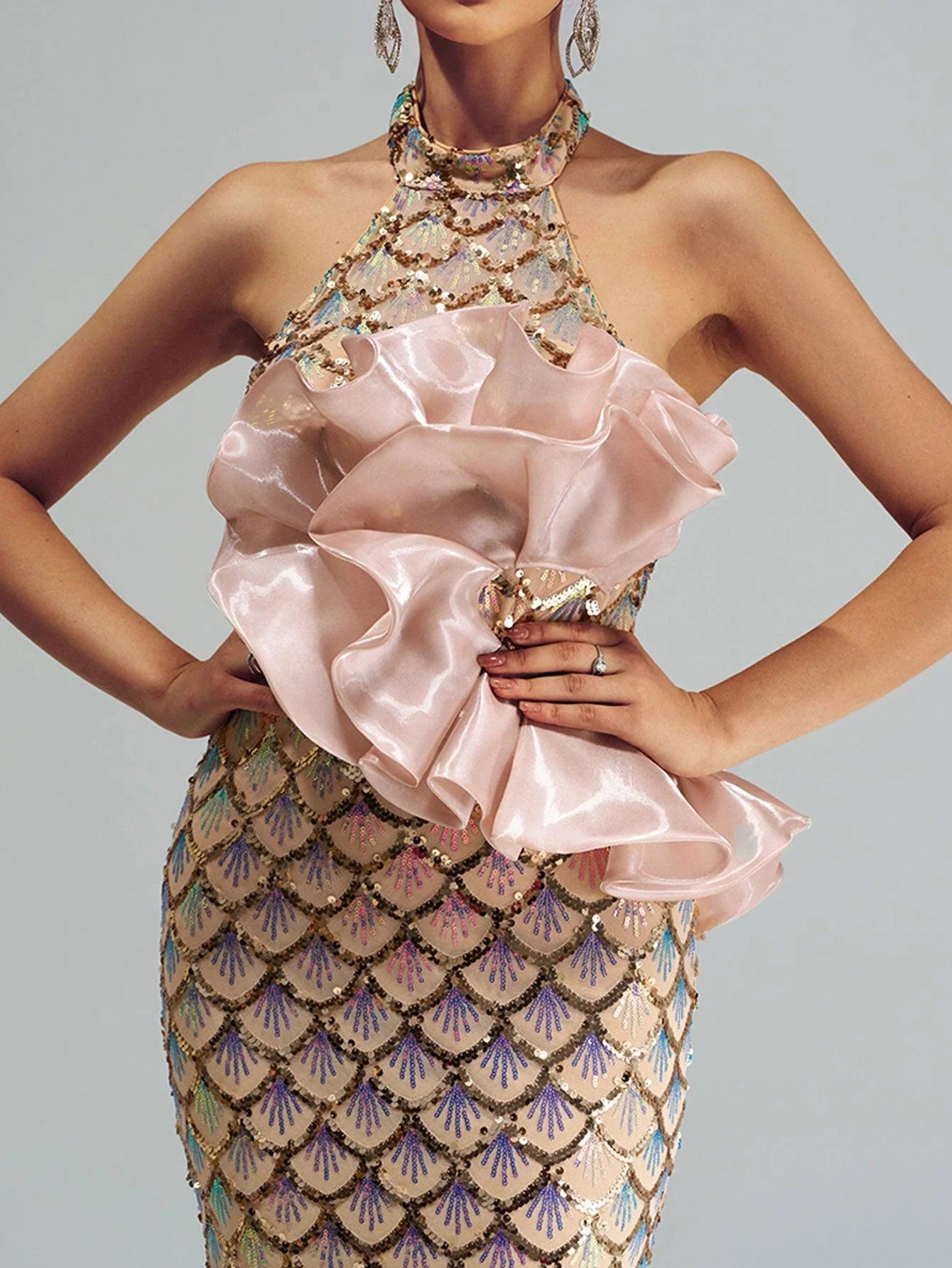 Halter Floral Mermaid Sequin Evening Dress