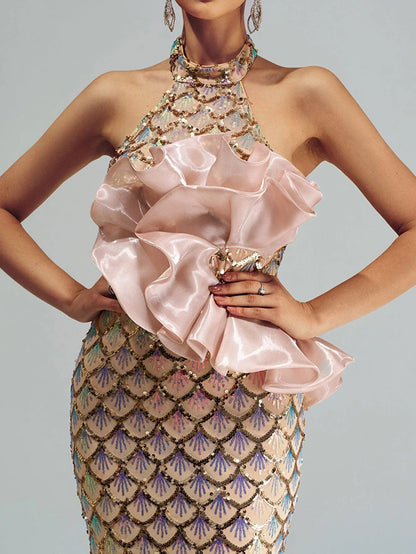 Halter Floral Mermaid Sequin Evening Dress