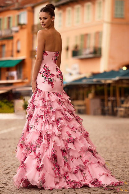 Ruffled Layers and Bow Detail Floral Strapless Gown