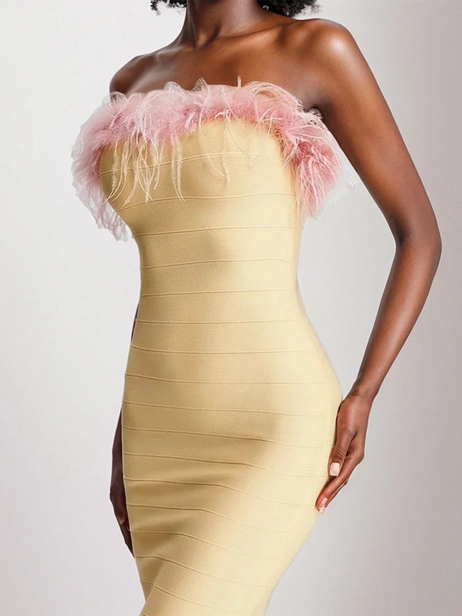 Strapless Feather Embellished Sexy Bandage Dress