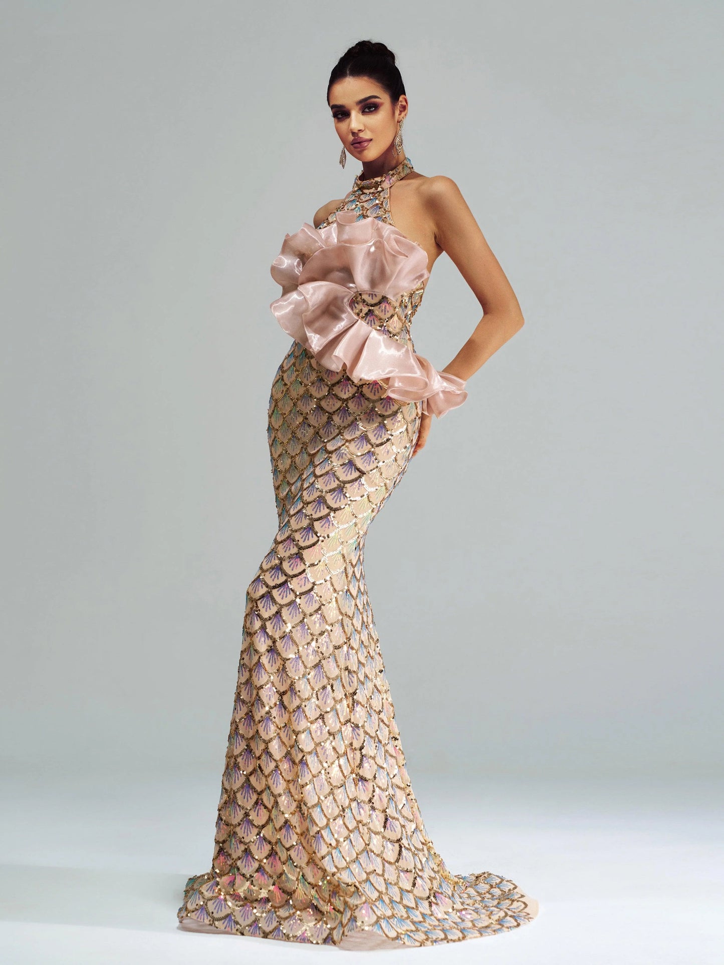 Halter Floral Mermaid Sequin Evening Dress