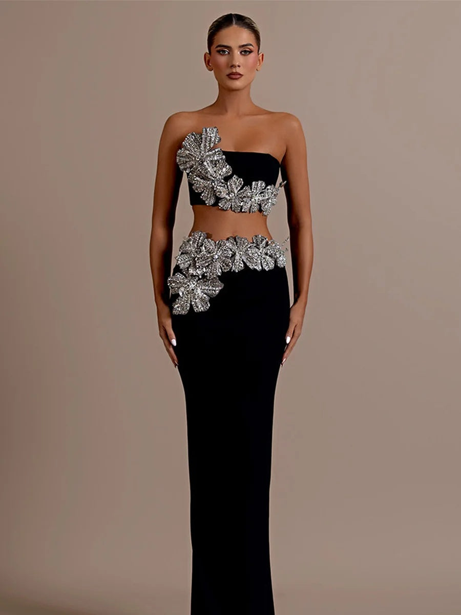 Heavy Diamond Tube Top High Waist Skirt Bandage Two Piece Set