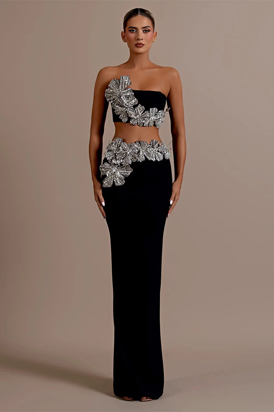 Heavy Diamond Tube Top High Waist Skirt Bandage Two Piece Set