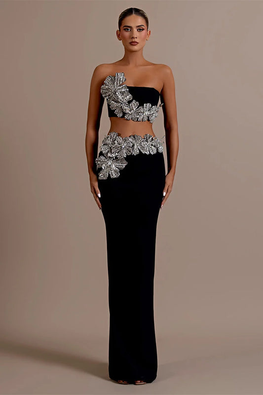Heavy Diamond Tube Top High Waist Skirt Bandage Two Piece Set