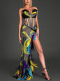 Embroidered Colorful Feather High Slit Tube Dress