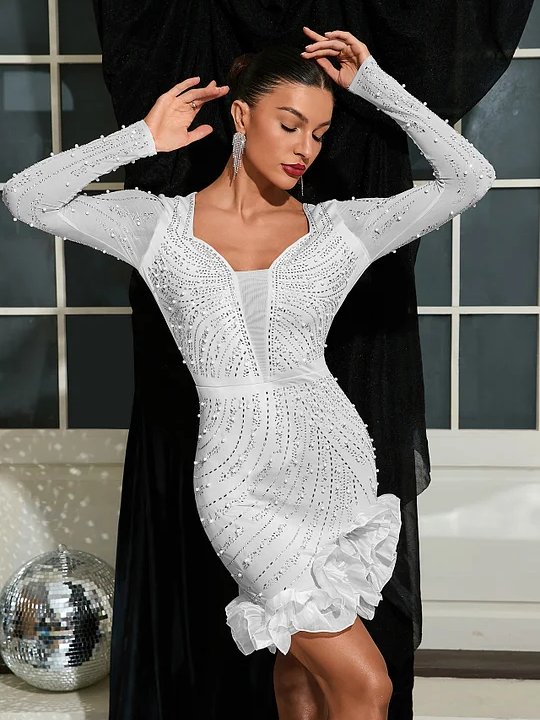 Square Neck Rhinestone Foam Beaded Dress