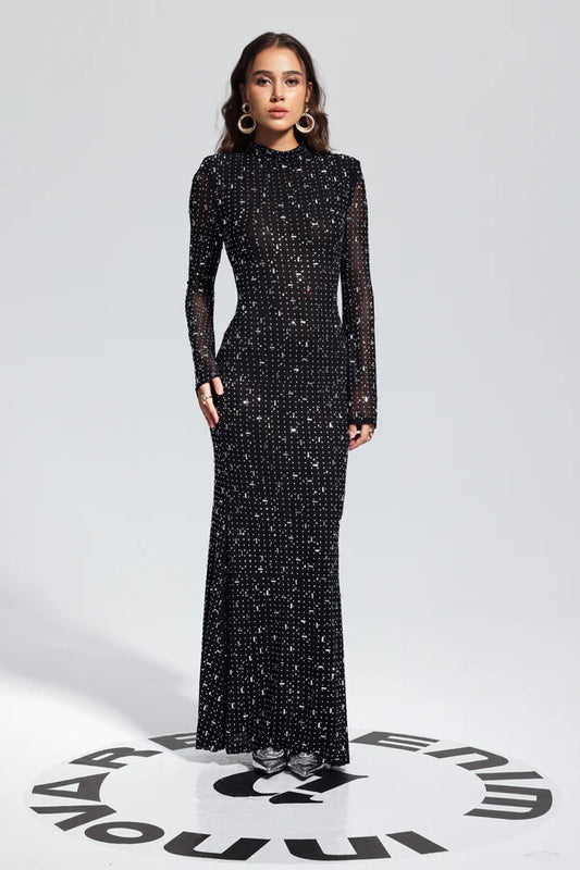 Rhinestone Bodycon Long Sleeves Maxi Dress