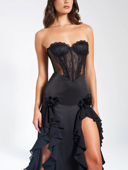 Black Satin Lace Corset Maxi Dress