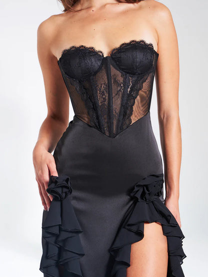 Black Satin Lace Corset Maxi Dress
