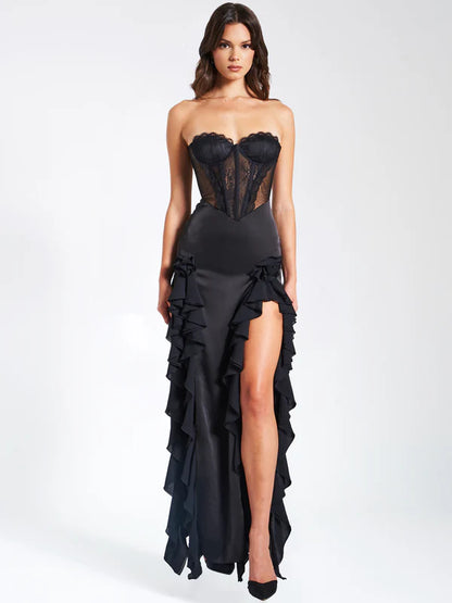 Black Satin Lace Corset Maxi Dress