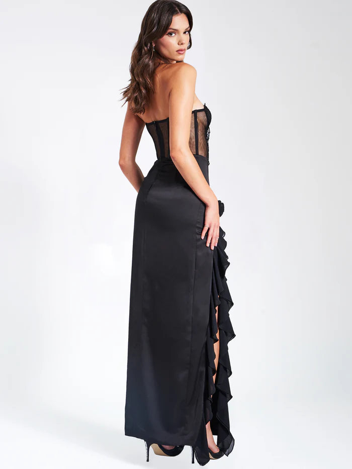 Black Satin Lace Corset Maxi Dress