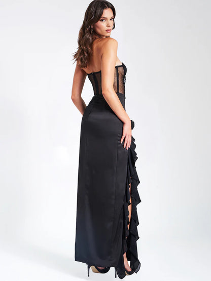 Black Satin Lace Corset Maxi Dress