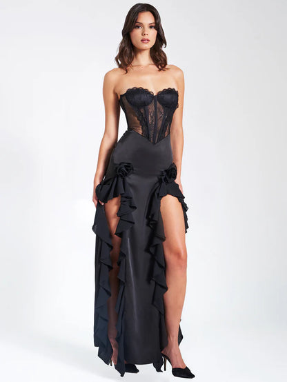 Black Satin Lace Corset Maxi Dress