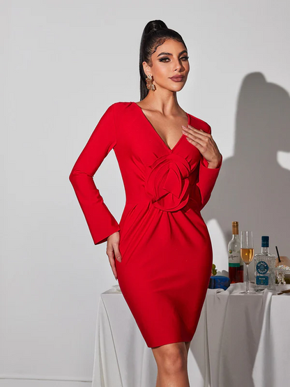 V-Neck Red Large Floral Bandage Dress