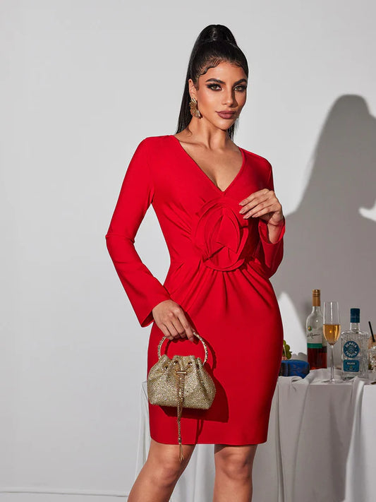 V-Neck Red Large Floral Bandage Dress