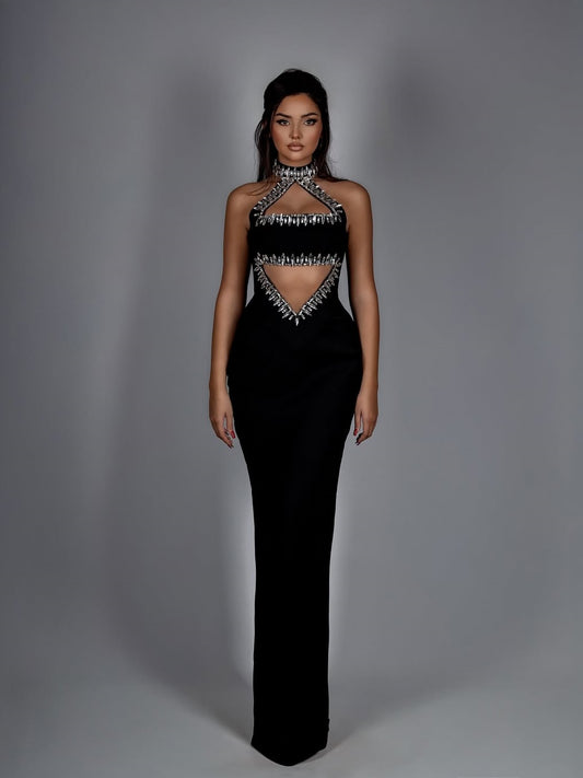 Black Halter Neck Cut-out Maxi Dress with Rhinestone Trim