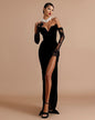 YS-High-Slit and Lace Gloves Black Gown