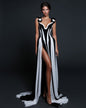 High Slit and Shoulder Circle Details Black and White Striped Gown