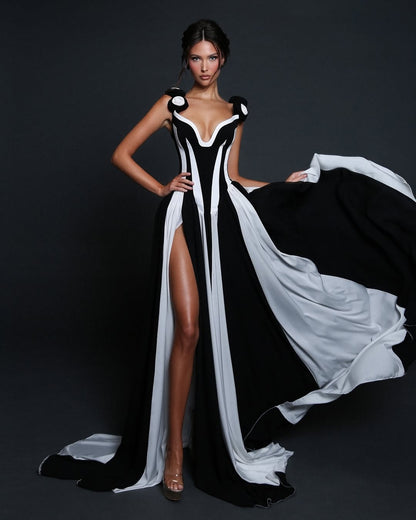 High Slit and Shoulder Circle Details Black and White Striped Gown