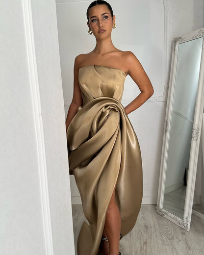 YS-Unique Pleated Skirt and High Slit Elegant Dress