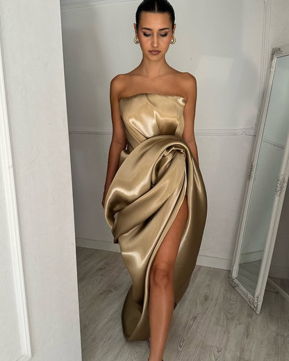 YS-Unique Pleated Skirt and High Slit Elegant Dress