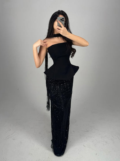 Elegant Bandage Neck Sequin Skirt Set