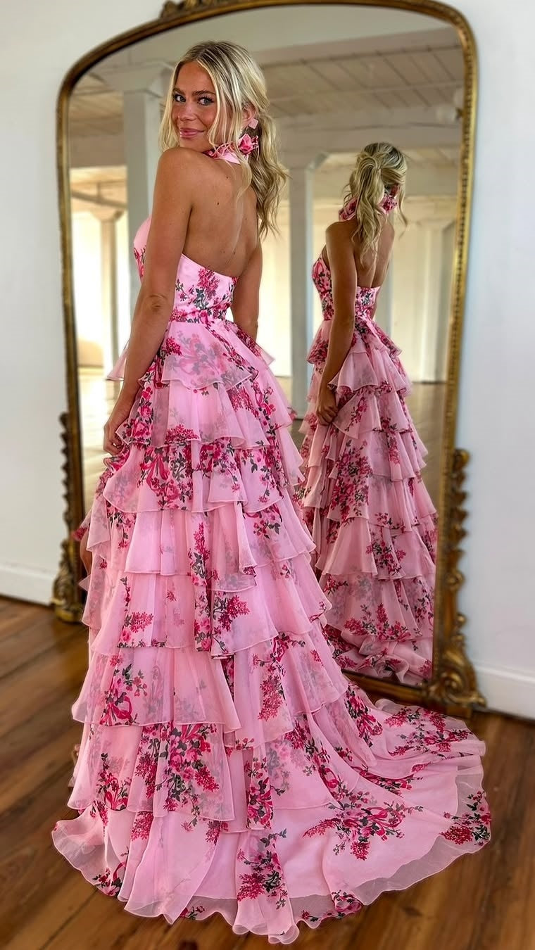 Pink Floral Halter-neck Keyhole Detail High Slit Gown