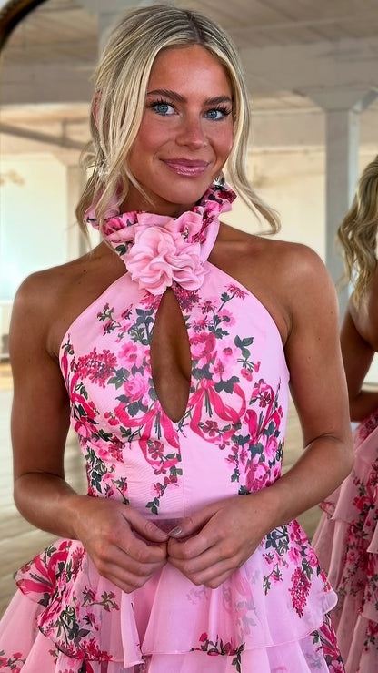 Pink Floral Halter-neck Keyhole Detail High Slit Gown