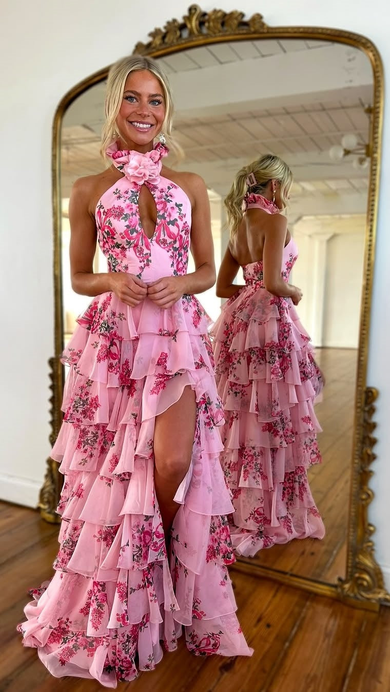 Pink Floral Halter-neck Keyhole Detail High Slit Gown