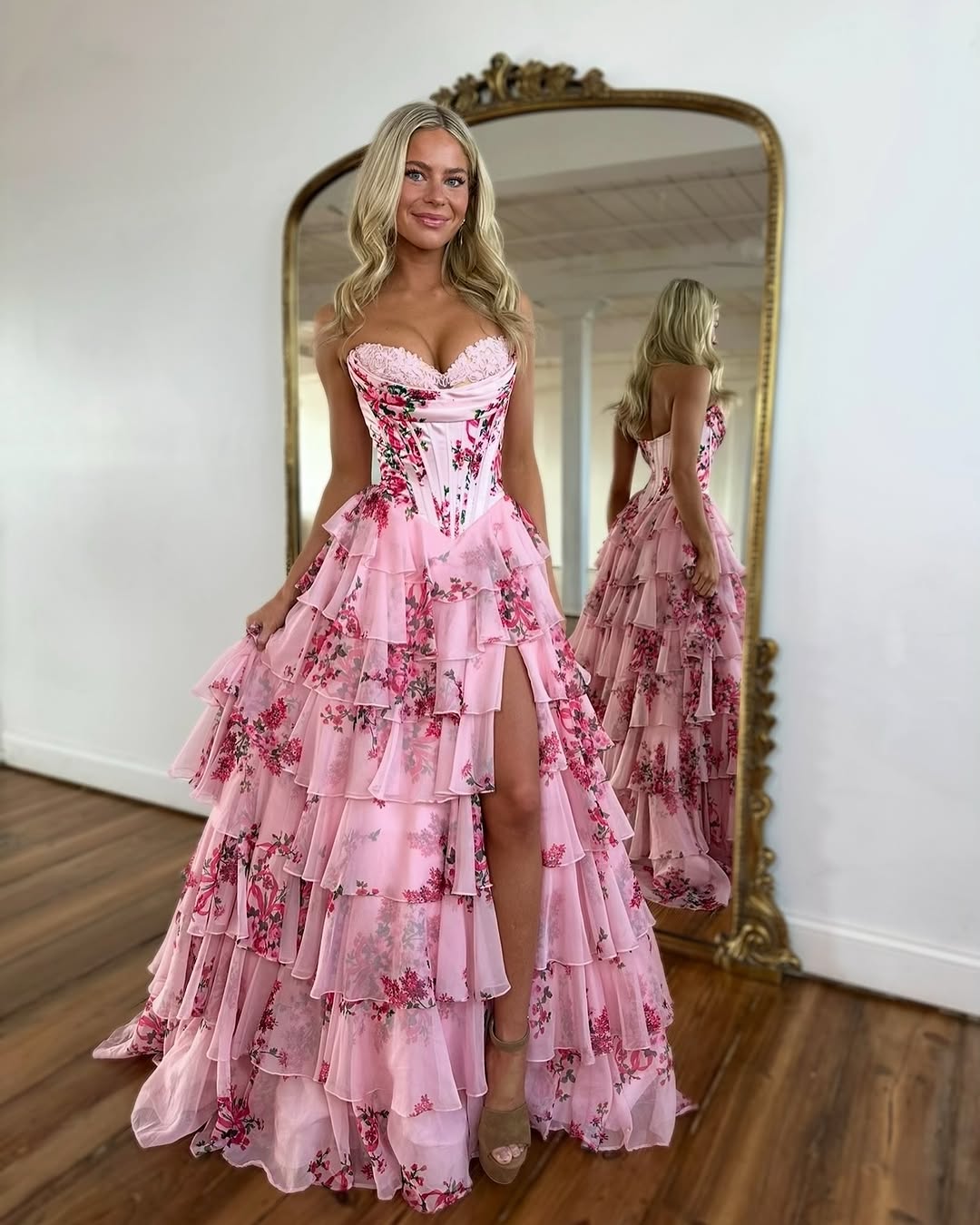 Strapless Ruffled Layers and High Slit Gown