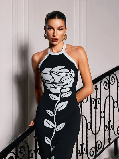 Rose Half Collar Floral Tie Midi Dress