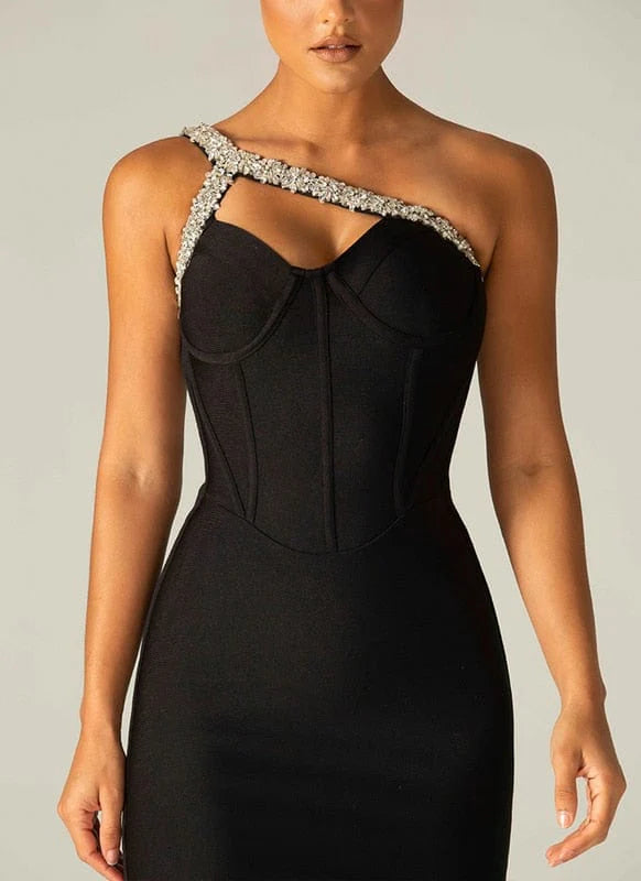 One-Shoulder Strap A-Diamond-Embellished Flare Dress