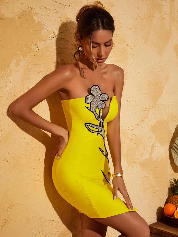 Heavy Diamante Deep V Sheath Bandage Dress