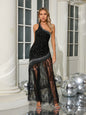 Beaded Lace Long Dress Exposed Back and Spliced Evening Gown