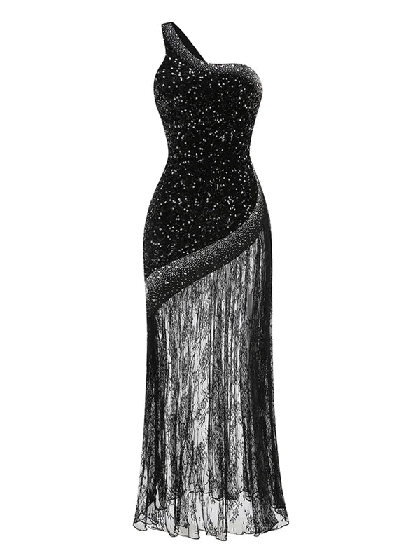 Beaded Lace Long Dress Exposed Back and Spliced Evening Gown