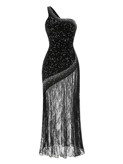 Beaded Lace Long Dress Exposed Back and Spliced Evening Gown